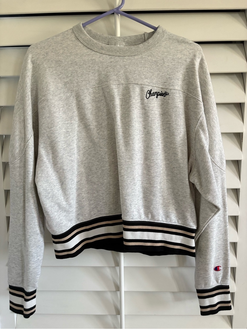 Champion Light Gray Crewneck Sweatshirt with Black & White Stripe Trim